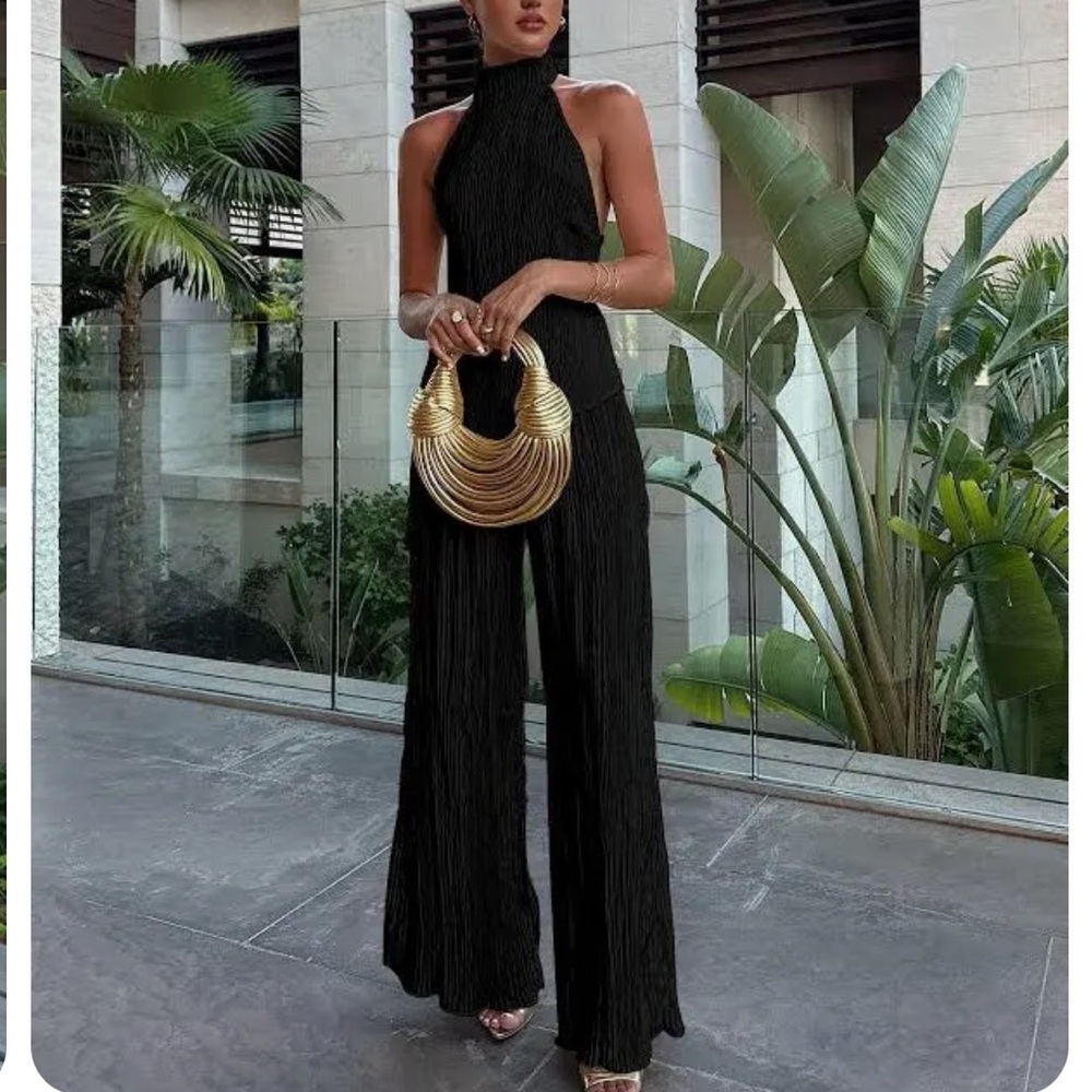 Commense Asymmetric Halter Crop Top With Wide Leg Pants Set